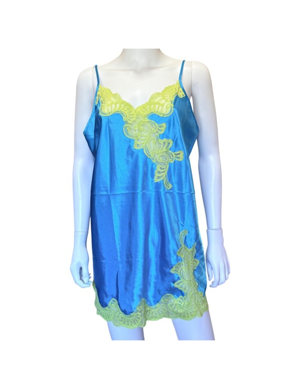 Valerie Stevens Y2K Satin Chemise Nightgown Lace Trim XL Turquoise & Lime Green